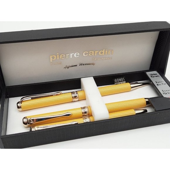 Vintage Pierre Cardin 4 Piece Pen,Pencil Set / New York & Paris Ribbed Gold Tone - Picture 3 of 4